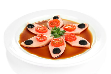 Small portion of food on big plate isolated on white