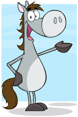 Waving Gray Horse Cartoon Mascot Character