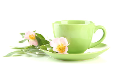 Cup of herbal tea with hip rose flowers, isolated on white