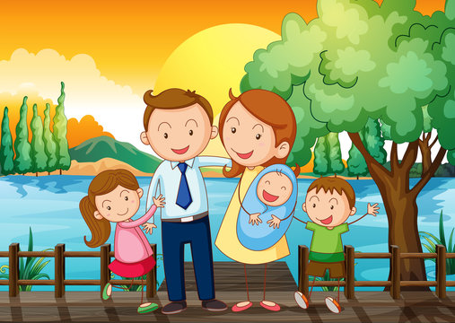 A happy family at the wooden bridge