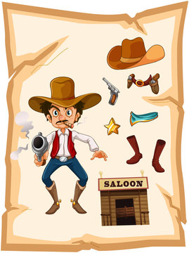 A poster with an armed old cowboy and a saloon bar