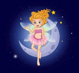 Poster Een fee met een roze jurk bij de maan © GraphicsRF