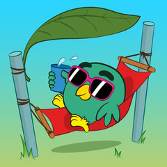 Cool bird relaxing in a hammock