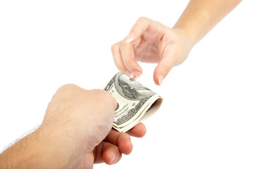 Hand with money isolated on a white background. Dollar bills.