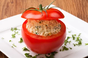 Foto auf Acrylglas Tomatoes stuffed with ham egg and mayonnaise © gkrphoto