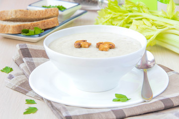 Delicate cheese cream soup with mushrooms and vegetables