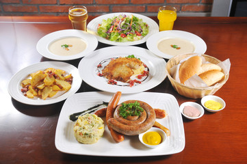 German sausage food - bread and salad