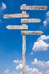 Old wood sign against blue sky background