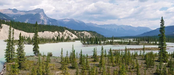 Fotobehang Athabasca river panorama with Rocky Mountains, Alberta, Canada © JFL Photography