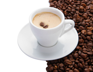 Cup of coffee with coffee beans, isolated on white