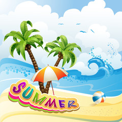 Fototapeta na wymiar Summer beach with palm trees and umbrella