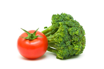 tomato and broccoli isolated on a white background close-up