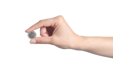 Woman hand showing an euro coin