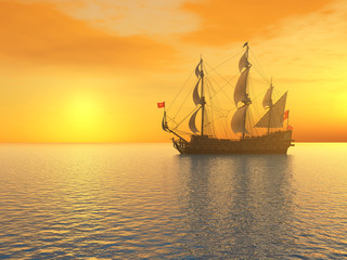 Obraz premium Segelschiff vor einem Sonnenuntergang