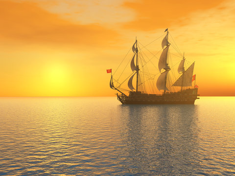 Segelschiff vor einem Sonnenuntergang