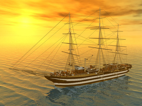 Segelschiff vor Sonnenuntergang