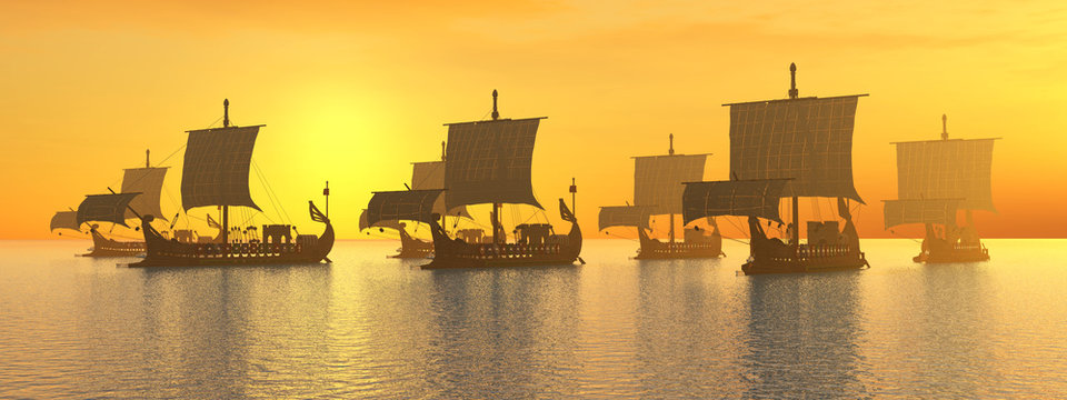 Alte römische Kriegsschiffe vor Sonnenuntergang