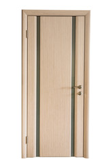closed wooden door in doorway isolated on white