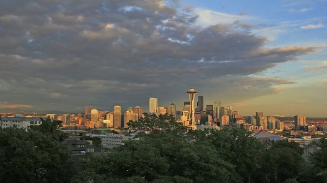 Seattle Washington Cityscape with Clouds Timelapse at Sunset