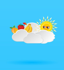 blue background with fruits and sun in the clouds