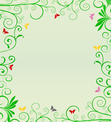 Background with green vegetation on the edges and butterflies