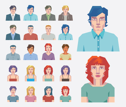 Set of vector portraits and faces for avatar icons.