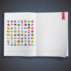 Collection of flag button printed on white book