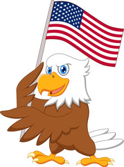 Fototapeta premium Eagle cartoon holding American flag