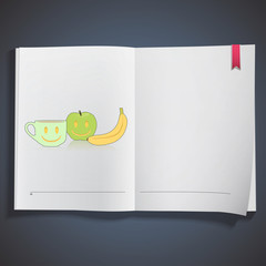 Fruits and coffee cup printed on white book, 
