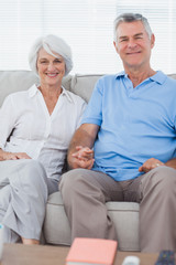 Fototapeta na wymiar Mature couple hand in hand sitting on a couch
