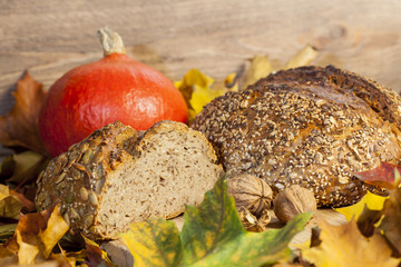 gesundes kürbis und vollkorn-brot im herbst zu erntedank