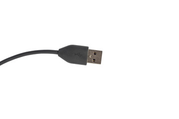 USB cable is black, isolated on white background