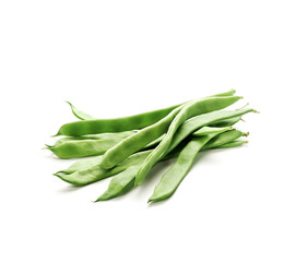 heap of snap beans on white.