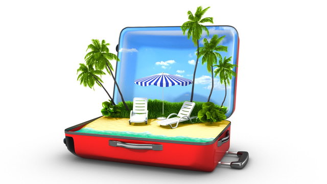 Opening red bag with animated palms and water