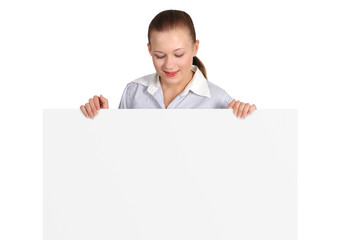 woman holding billboard