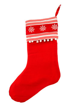 red christmas stocking for Santas gifts on a white background
