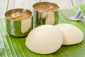 Idli, Chutney and Sambar - Indian steamed rice cakes and sides