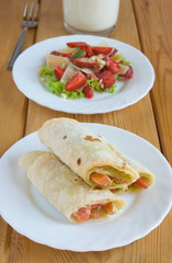 Breakfast. Cakes, salad with strawberries