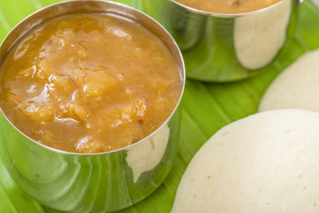 Idli, Chutney and Sambar - Indian steamed rice cakes and sides