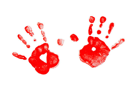 Red prints of children's hands isolated on a white background