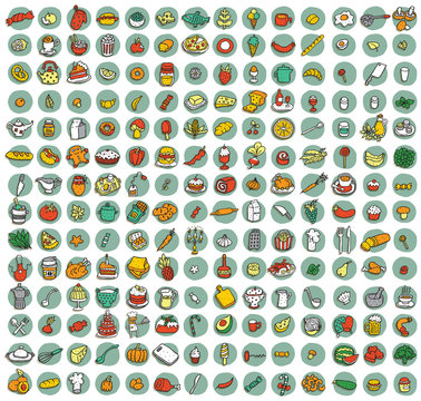 Collection of 196 food and kitchen doodled icons