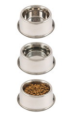 Set of three pet's dog bowls isolated