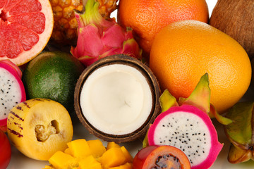 Composition of exotic fruits close-up background