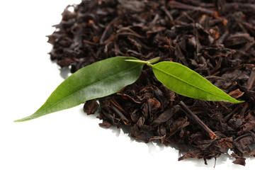 Dry black tea with green leaves, isolated on white