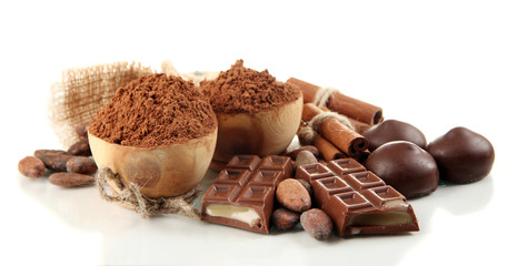 Composition of chocolate sweets, cocoa and spices, isolated