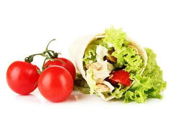 Kebab - grilled meat and vegetables, isolated on white