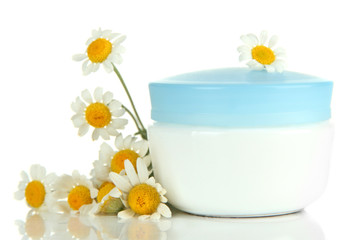 Fototapeta na wymiar Cosmetic cream with wild camomiles, isolated on white