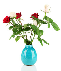Fototapeta na wymiar Beautiful roses in vase, isolated on white