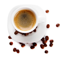 Cup of coffee with coffee beans, isolated on white