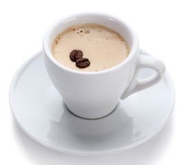 Cup of coffee with coffee beans, isolated on white